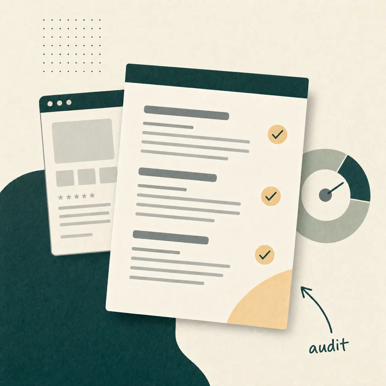 Editorial illustration of accessibility audit documents for a Shopify storefront