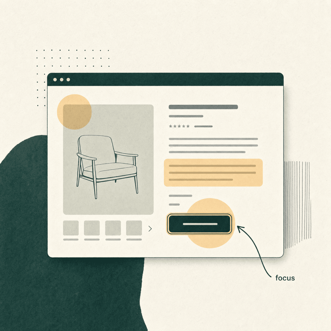 Editorial illustration of a branded accessibility audit deliverable for a Shopify storefront