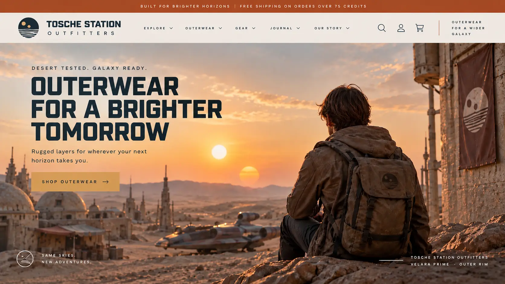 Homepage of Tosche Station Outfitters, the fictional storefront used in this demo.