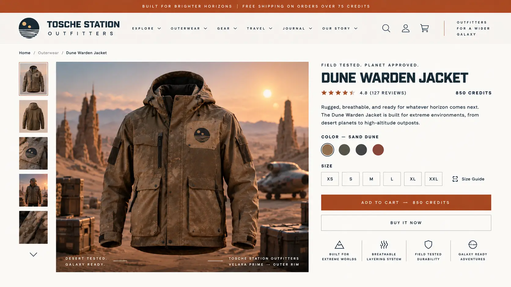 Product detail page on Tosche Station Outfitters, one of the templates covered in the demo audit.